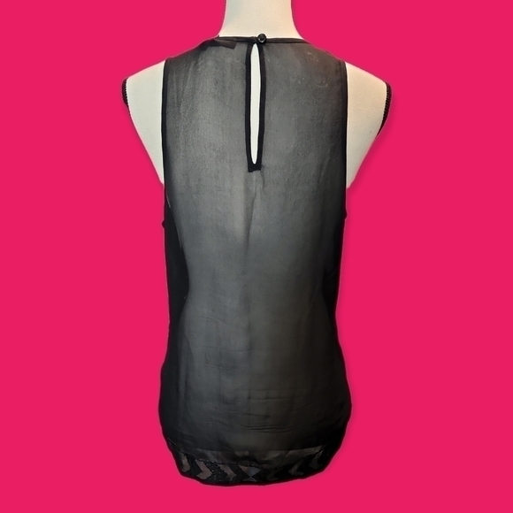 PAIGE Silk Sheer Embroidered Tank Top Black Geometric Overlay Top Large - Picture 4 of 6